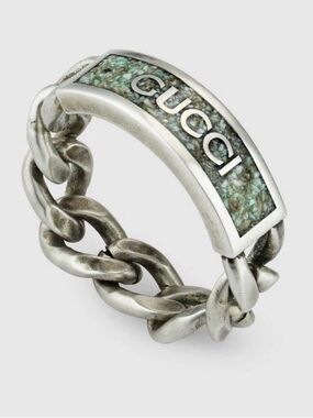 NWT Gucci Silver Chain Bracelet with Green Mosaic Logo Panel US 10.25